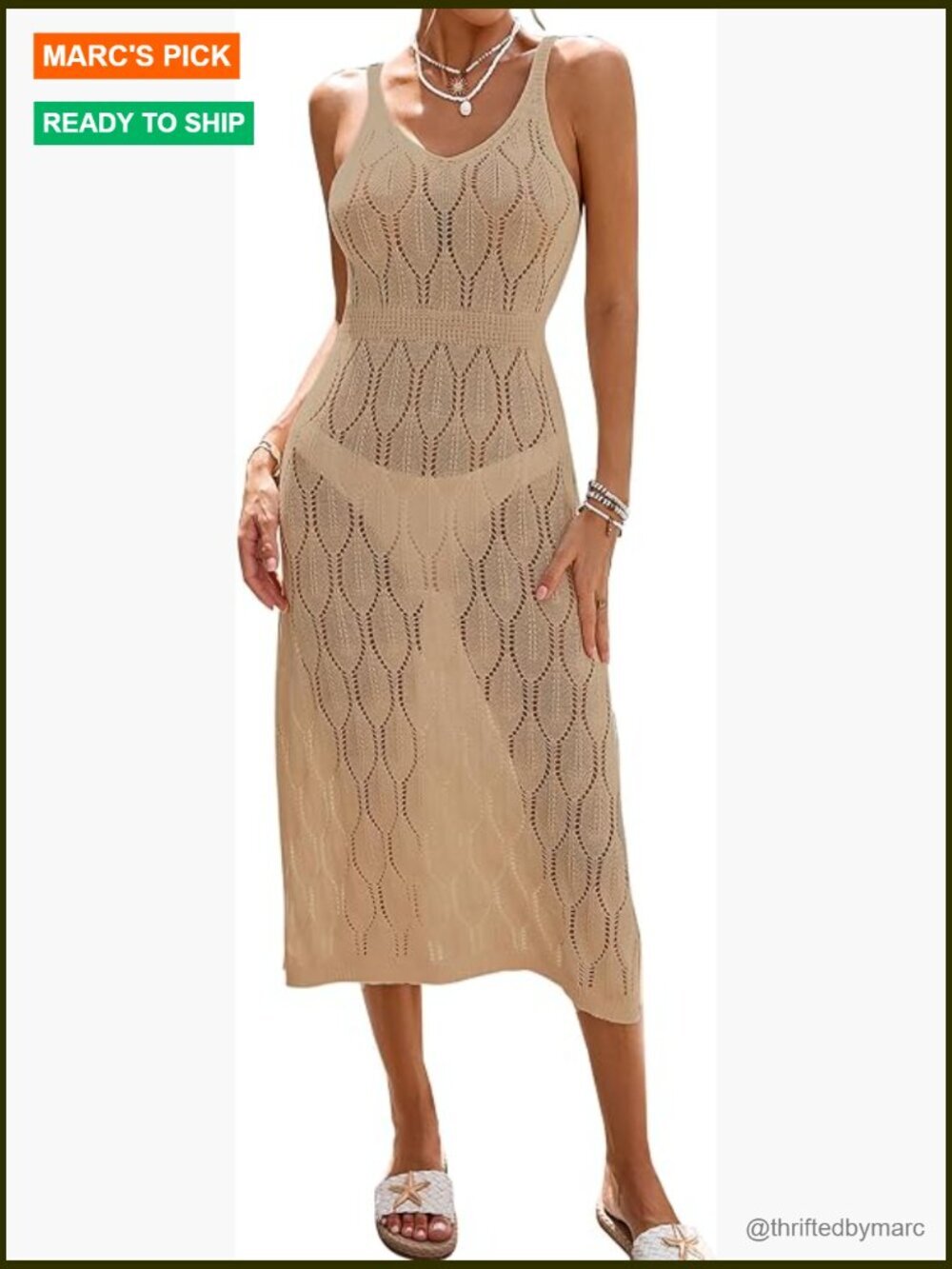 Crochet Swimsuit Cover Up Midi Dress V-Neck Sleeveless Beach Bikini Mesh Knit
